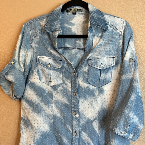 Love Stitch Tops - LOVE STITCH Size MEDIUM Acid Washed Perforated Denim Shirt 3/4 Roll Tab Sleeves